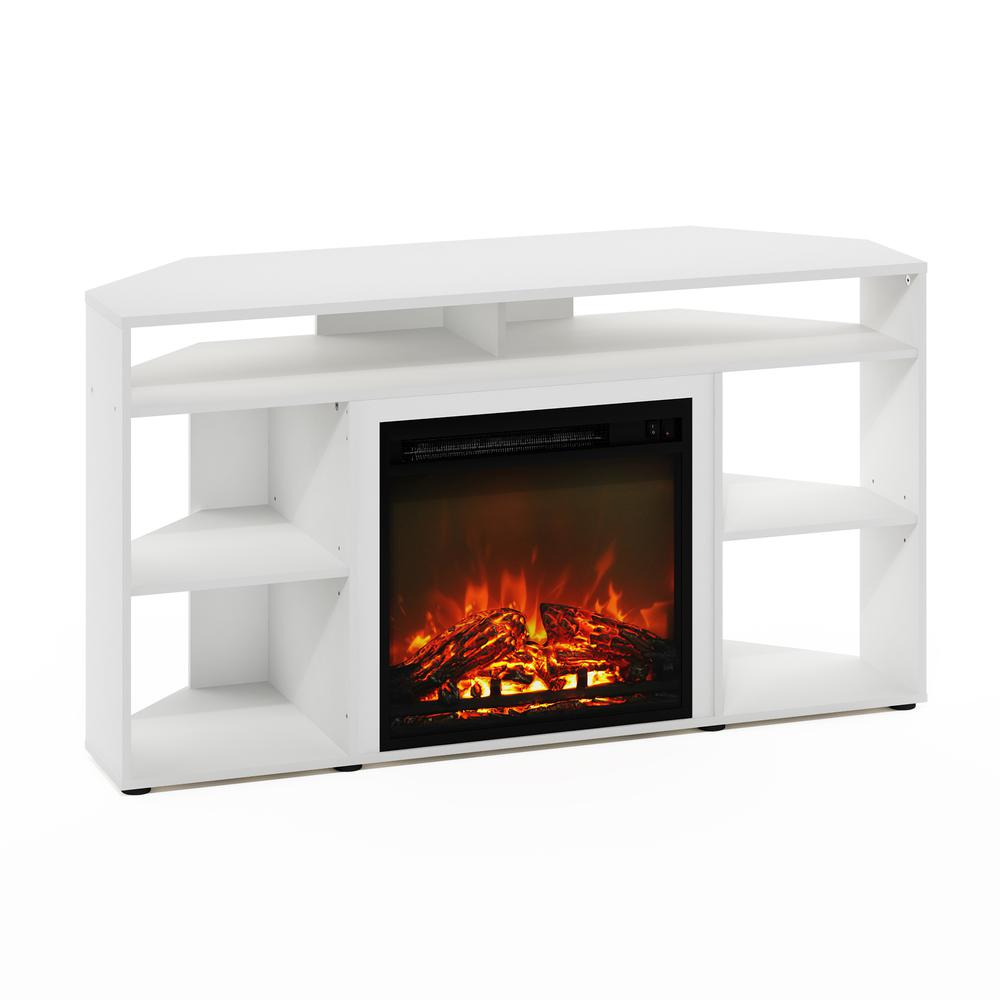 Start2Finish Jensen white corner TV stand with built-in fireplace for 55-inch TVs, featuring storage and modern design.