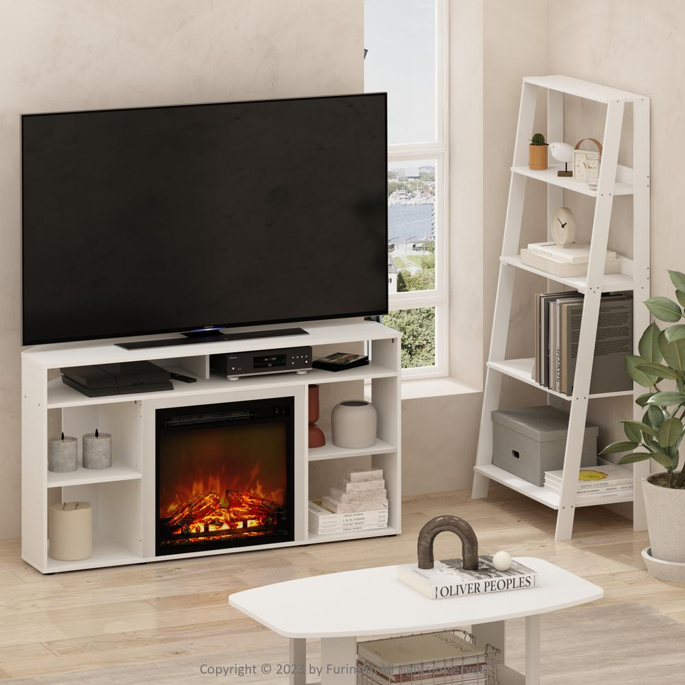 White Jensen corner TV stand with built-in fireplace, designed for TVs up to 55 inches, from Start2Finish.