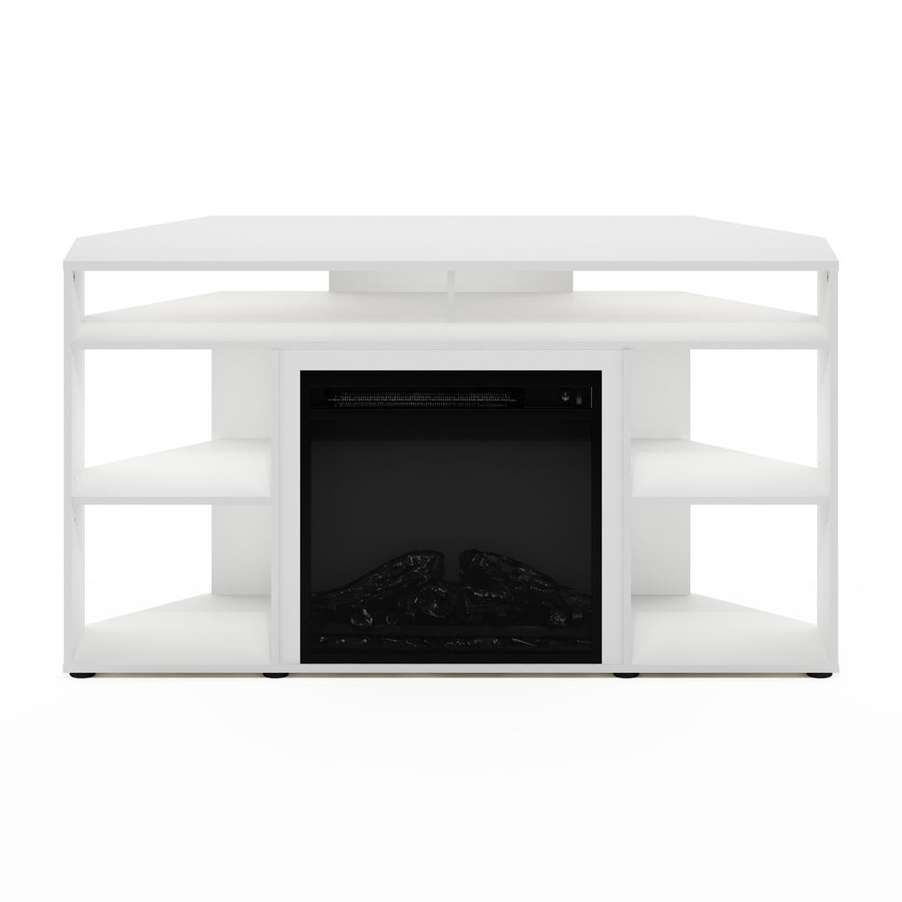 White Jensen corner TV stand with fireplace for 55-inch TVs, featuring a modern design and ample storage space.