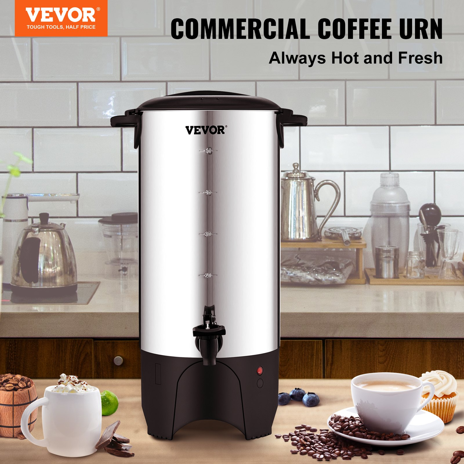 Start2Finish VEVOR commercial coffee urn in stainless steel, large 50-cup electric coffee dispenser with hot water function