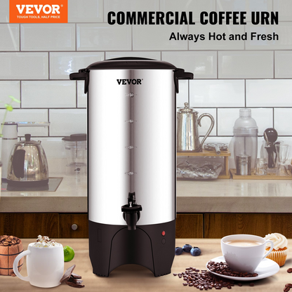 Start2Finish VEVOR commercial coffee urn in stainless steel, large 50-cup electric coffee dispenser with hot water function