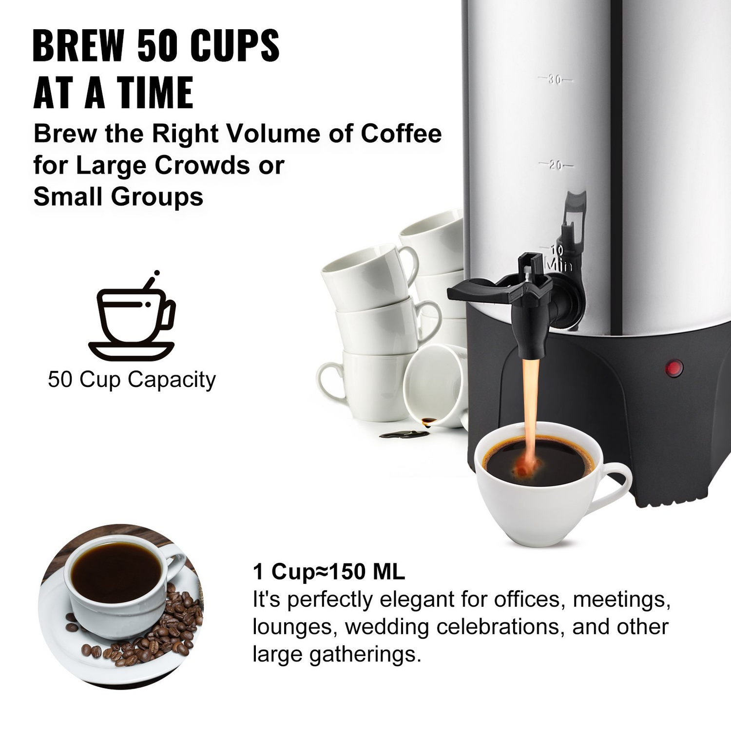 Start2Finish VEVOR 50-cup stainless steel commercial coffee urn with electric brew system and detachable power cord.