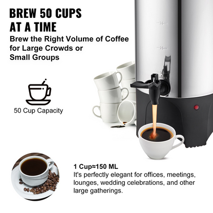 Start2Finish VEVOR 50-cup stainless steel commercial coffee urn with electric brew system and detachable power cord.