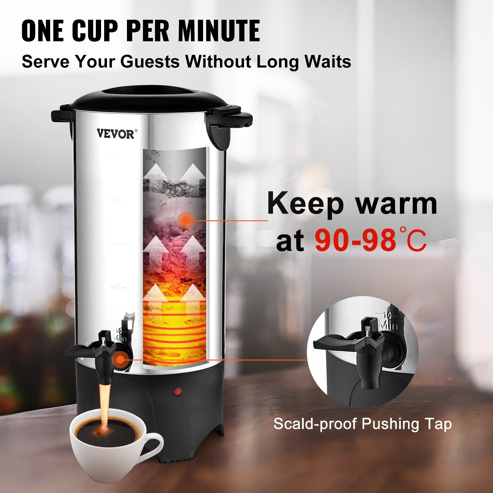 Start2Finish VEVOR commercial coffee urn with stainless steel finish, large 50-cup capacity, electric coffee dispenser, silver color