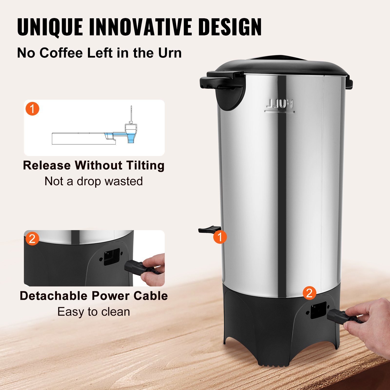 Start2Finish VEVOR commercial coffee urn, 50-cup stainless steel electric coffee dispenser with detachable cord and hot water feature.