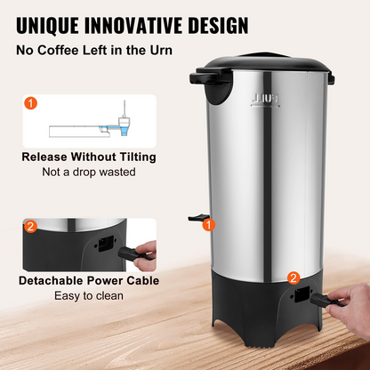 Start2Finish VEVOR commercial coffee urn, 50-cup stainless steel electric coffee dispenser with detachable cord and hot water feature.