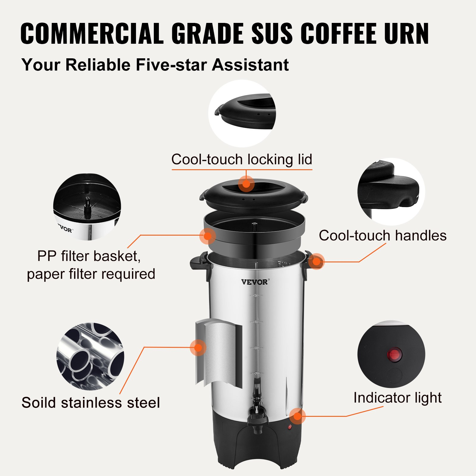 Start2Finish VEVOR commercial coffee urn in stainless steel, 50-cup capacity, 1000W electric coffee dispenser with silver finish