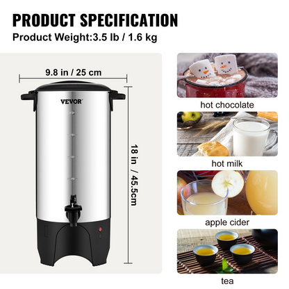 Start2Finish VEVOR commercial stainless steel coffee urn with 50-cup capacity, 1000W electric coffee dispenser, silver color.