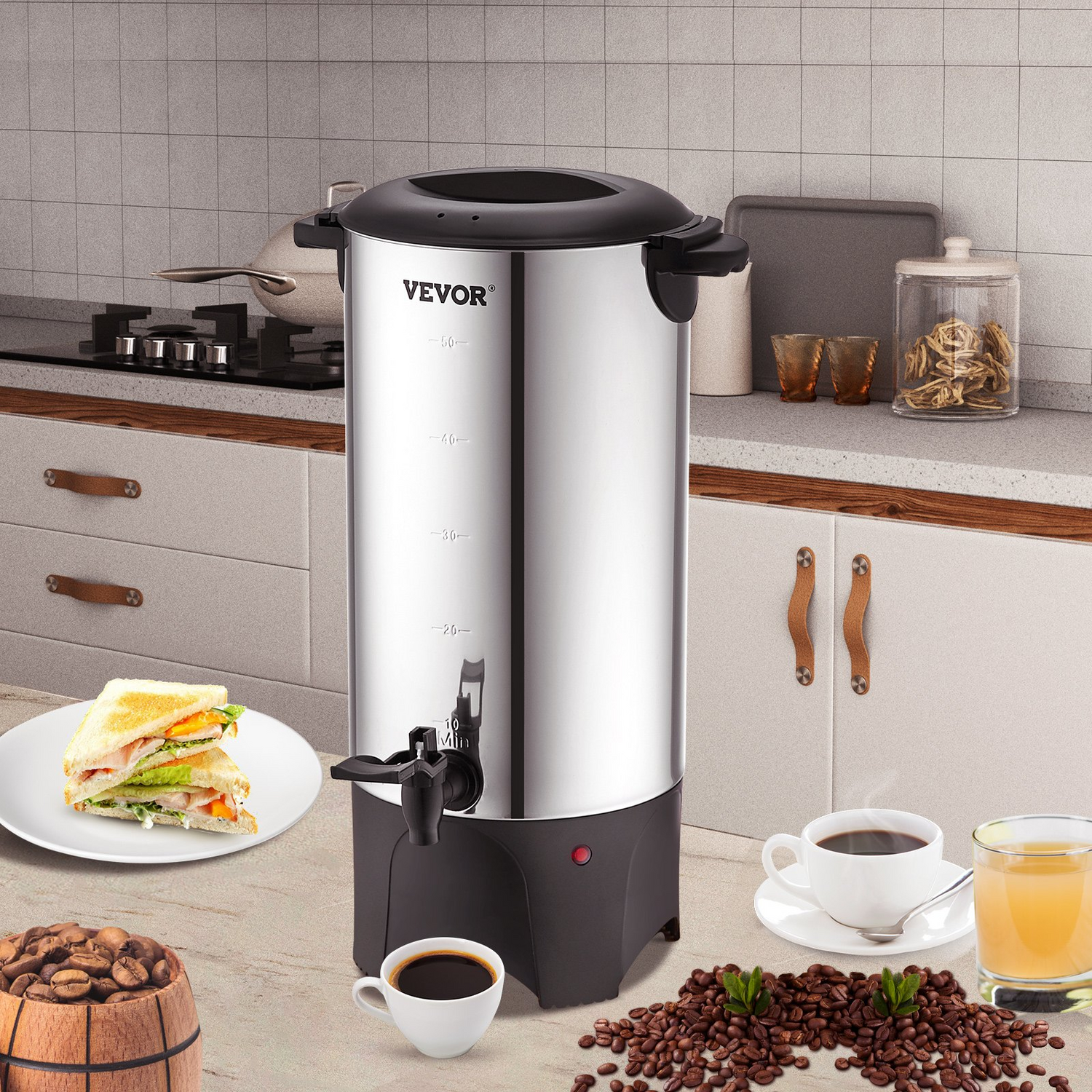 Start2Finish VEVOR commercial coffee urn, 50-cup stainless steel electric coffee dispenser with detachable power cord, silver finish.