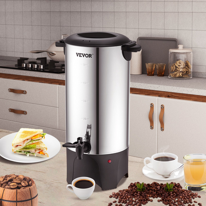 Start2Finish VEVOR commercial coffee urn, 50-cup stainless steel electric coffee dispenser with detachable power cord, silver finish.