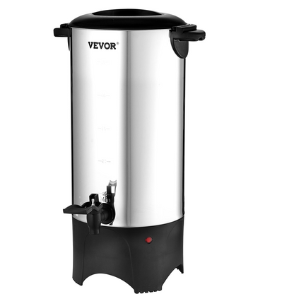 Start2Finish VEVOR commercial coffee urn, stainless steel 50-cup electric coffee dispenser with silver finish and detachable power cord.