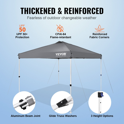 Start2Finish VEVOR 10x10 ft pop-up canopy tent with silver-coated tarp, portable roller bag, and sandbags for outdoor events and camping.