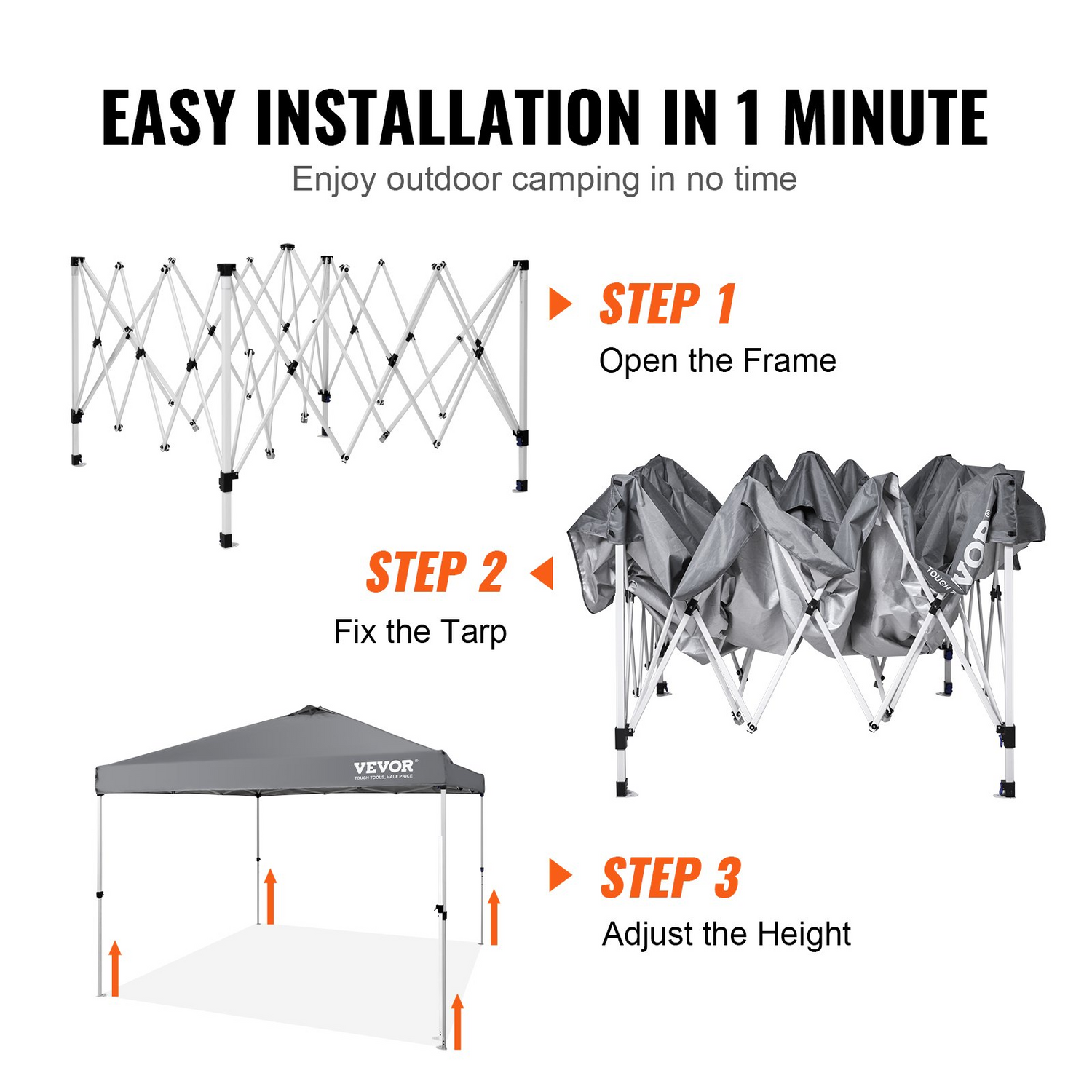 Start2Finish VEVOR 10x10 ft pop-up canopy tent with silver-coated tarp, roller bag, sandbags, waterproof sun shelter for outdoor events.