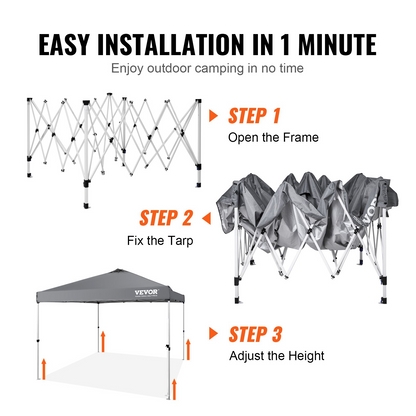 Start2Finish VEVOR 10x10 ft pop-up canopy tent with silver-coated tarp, roller bag, sandbags, waterproof sun shelter for outdoor events.