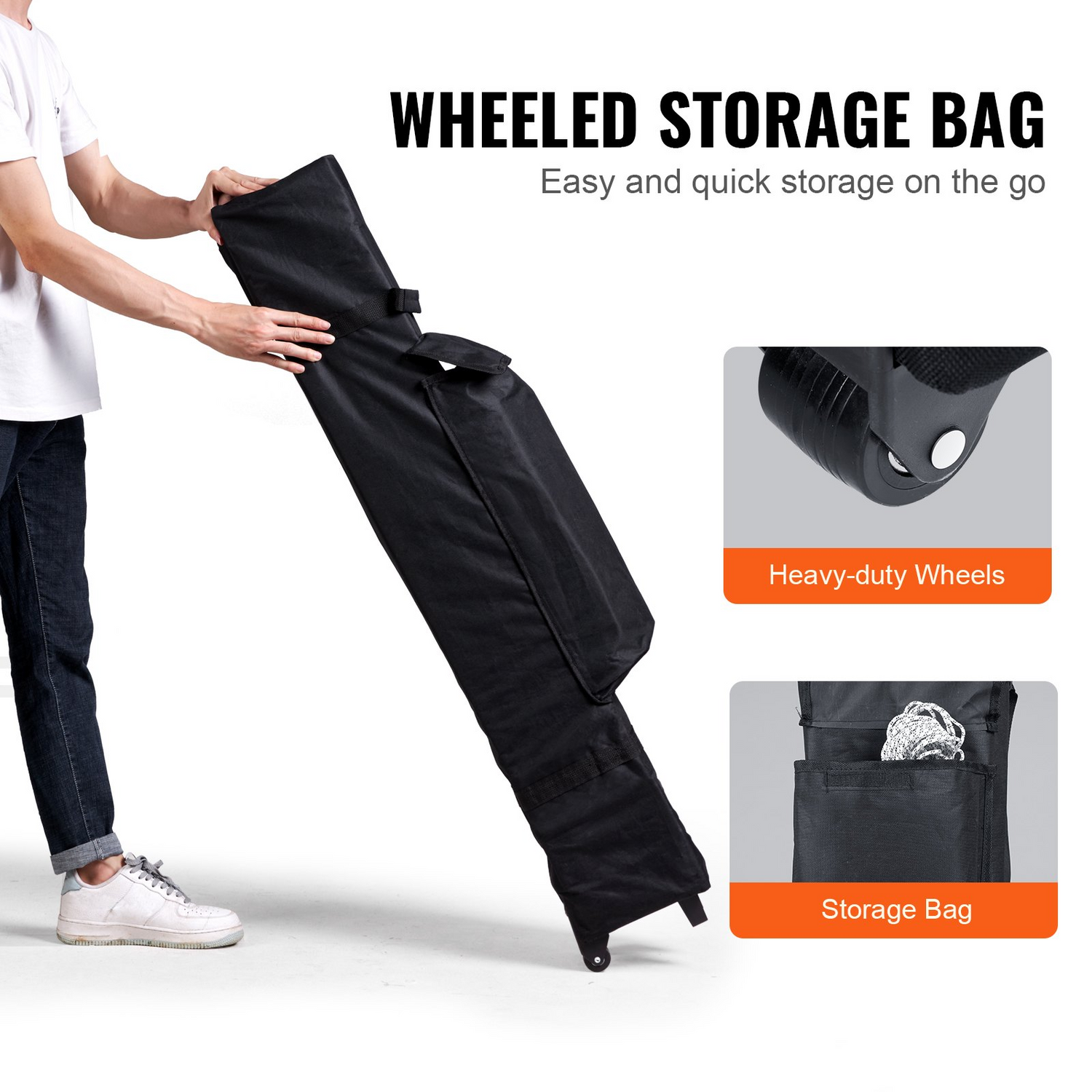 Dark gray VEVOR 10x10 ft pop-up canopy tent with waterproof canopy, roller bag, and four sandbags for outdoor events and camping.
