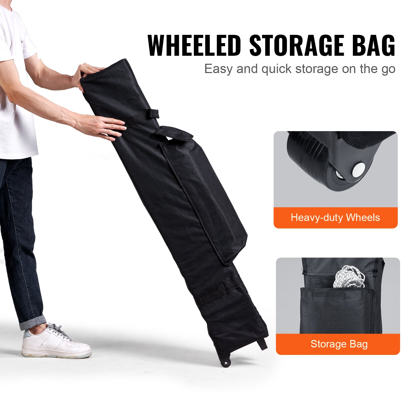 Dark gray VEVOR 10x10 ft pop-up canopy tent with waterproof canopy, roller bag, and four sandbags for outdoor events and camping.