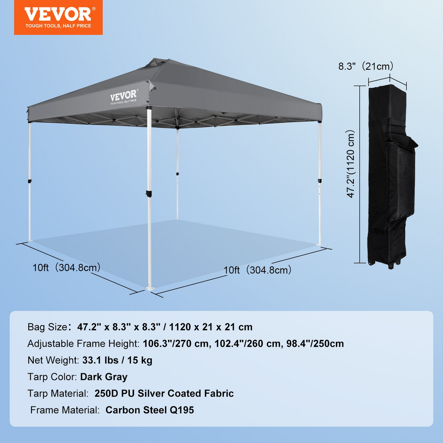 Start2Finish VEVOR 10x10 ft pop-up canopy tent with silver-coated tarp, roller bag, and sandbags, waterproof sun shelter for outdoor events.