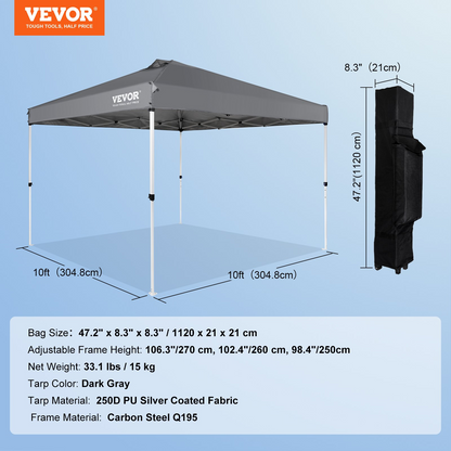 Start2Finish VEVOR 10x10 ft pop-up canopy tent with silver-coated tarp, roller bag, and sandbags, waterproof sun shelter for outdoor events.