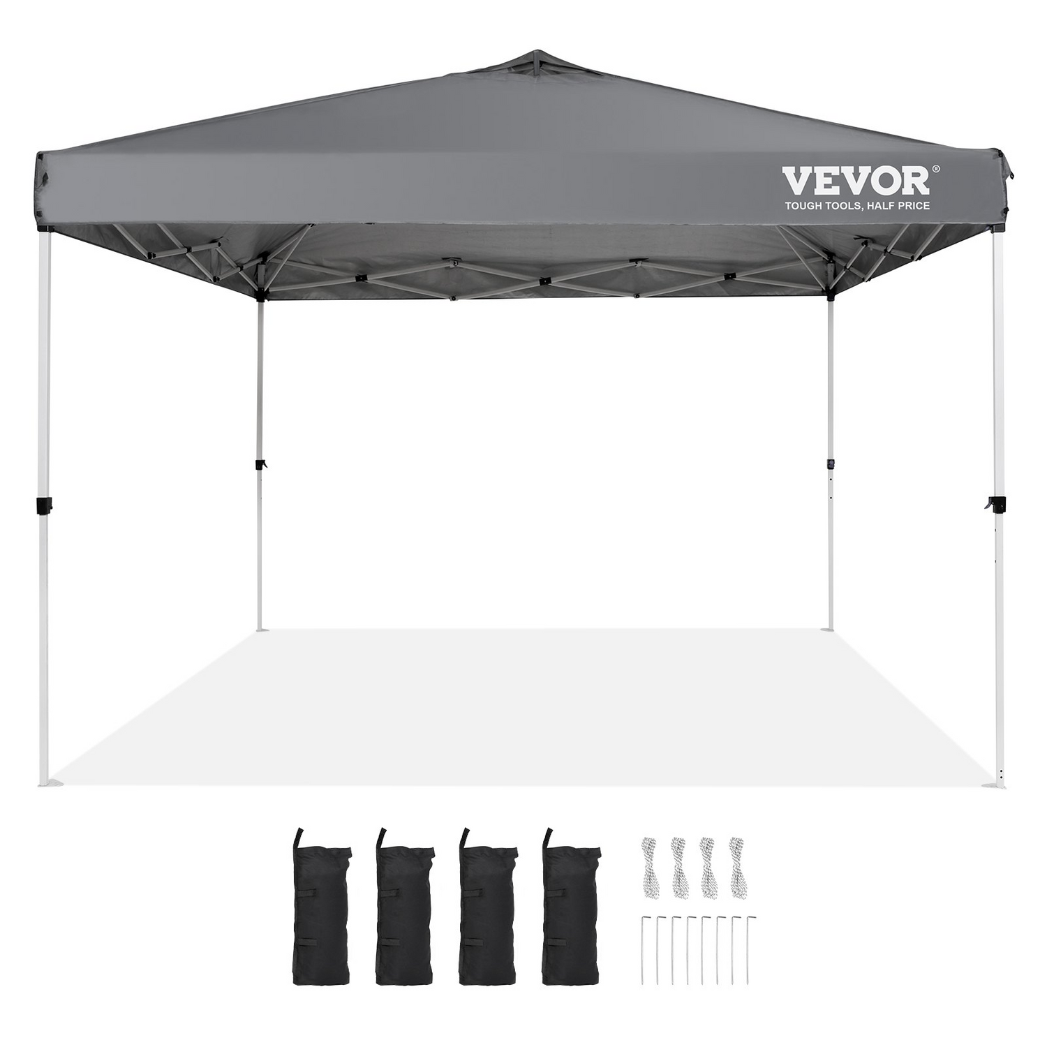 Start2Finish VEVOR 10x10 ft pop-up canopy tent with silver-coated tarp, portable roller bag, and sandbags for outdoor events and camping.