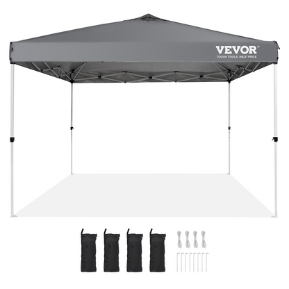 Start2Finish VEVOR 10x10 ft pop-up canopy tent with silver-coated tarp, portable roller bag, and sandbags for outdoor events and camping.