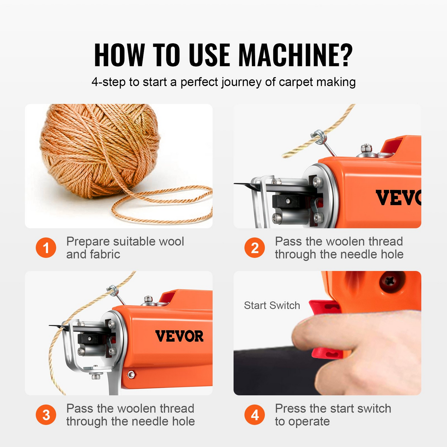 Start2Finish VEVOR tufting gun for carpet weaving, electric 2-in-1 cut and loop pile rug making tool with adjustable height.