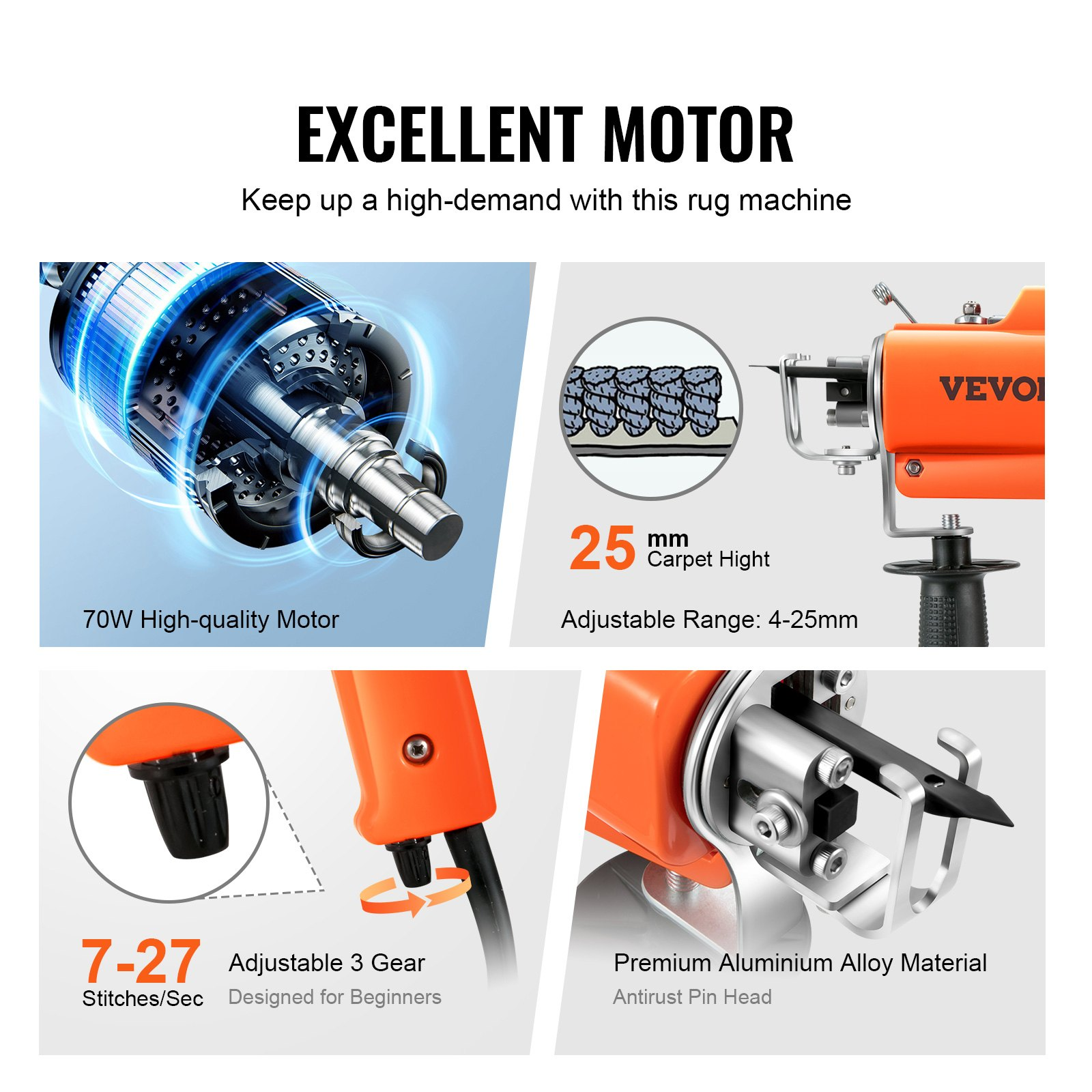 Start2Finish VEVOR tufting gun for rug making, electric 2-in-1 cut and loop pile tool with adjustable height and high-speed stitching.