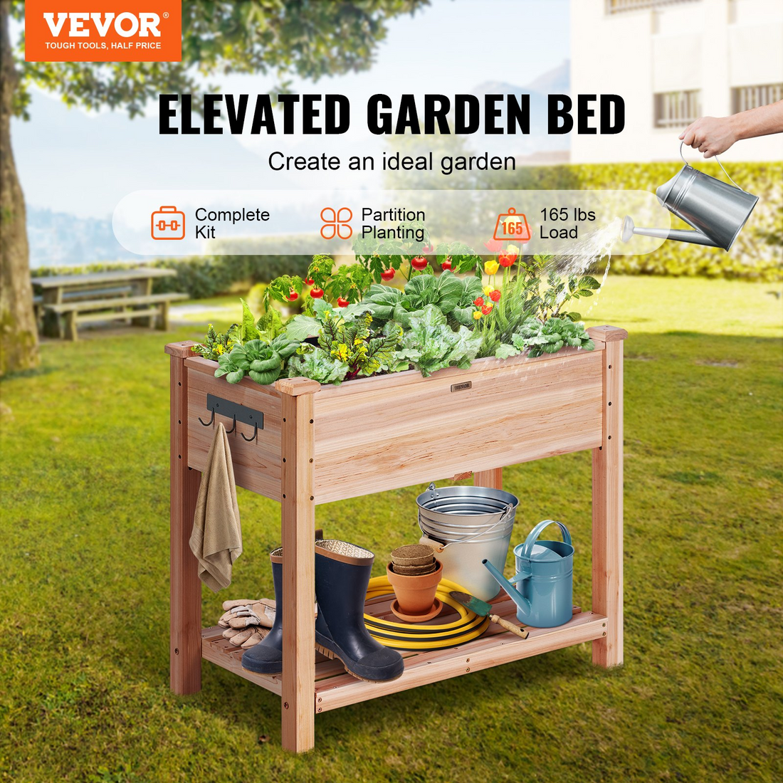 Start2Finish VEVOR raised garden bed 34x18x30-inch wooden planter box with legs, ideal for flowers, vegetables, and herbs outdoors.