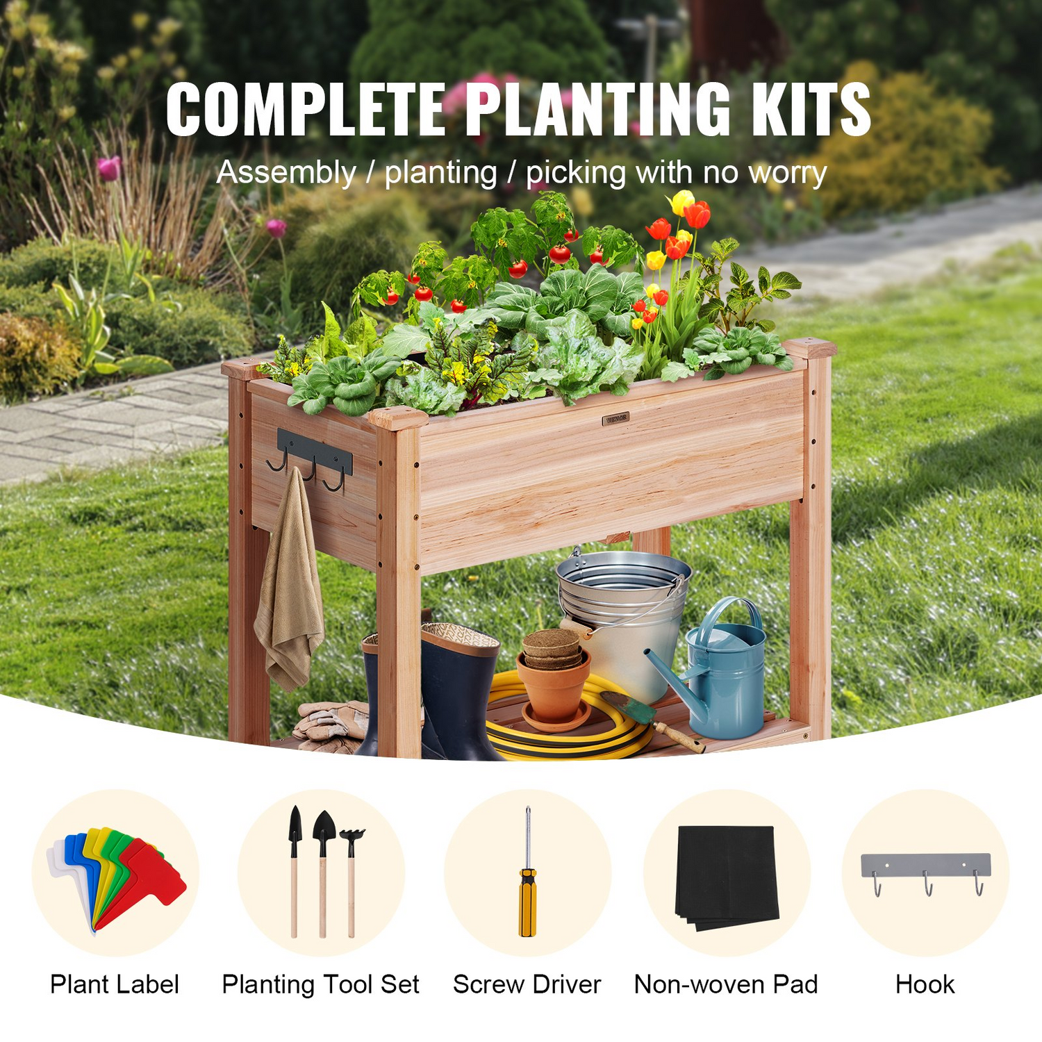 Start2Finish VEVOR raised garden bed, 34x18x30 inches wooden planter box with legs for outdoor flowers, vegetables, and herbs.