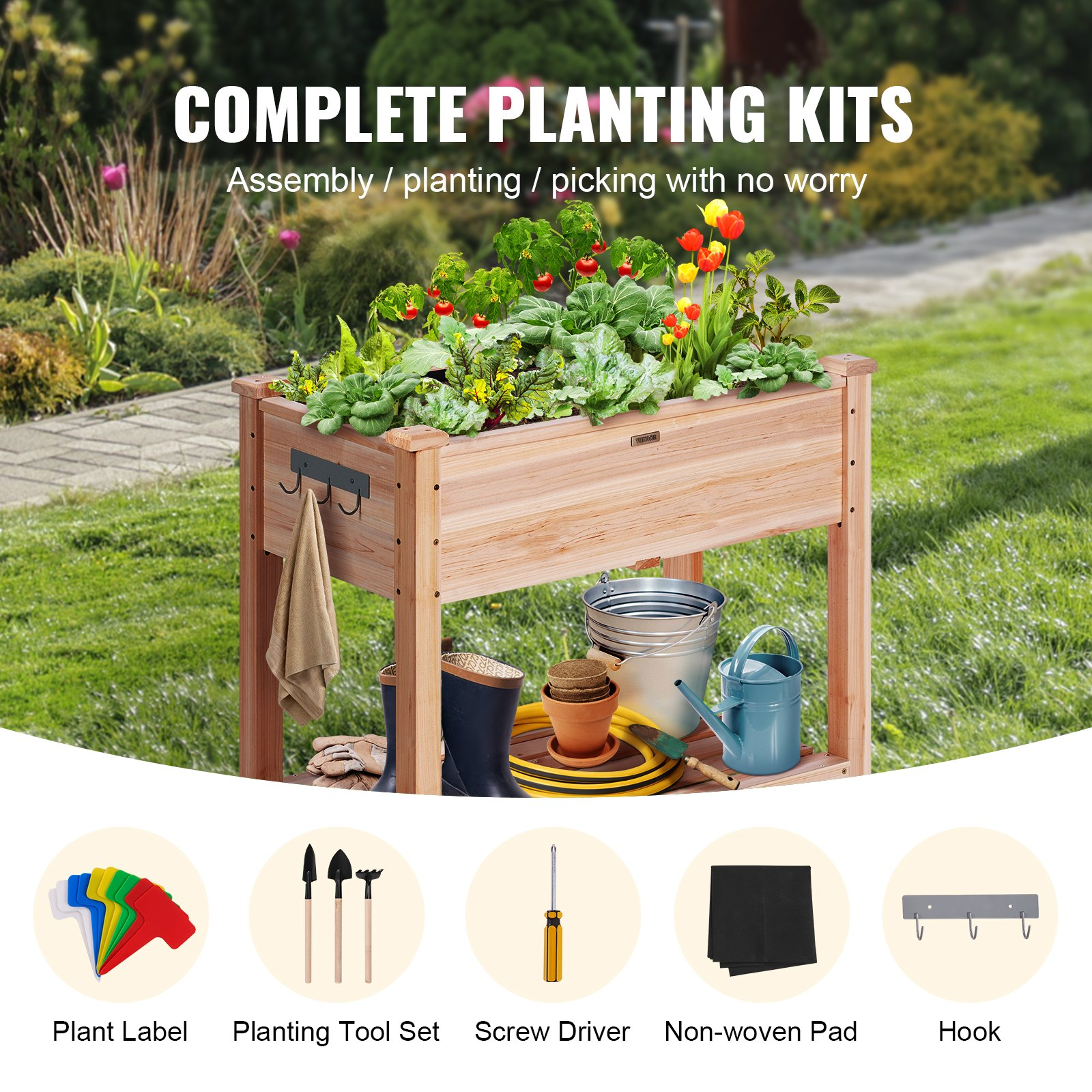 Start2Finish VEVOR raised garden bed, 34x18x30 inches wooden planter box with legs for outdoor flowers, vegetables, and herbs.