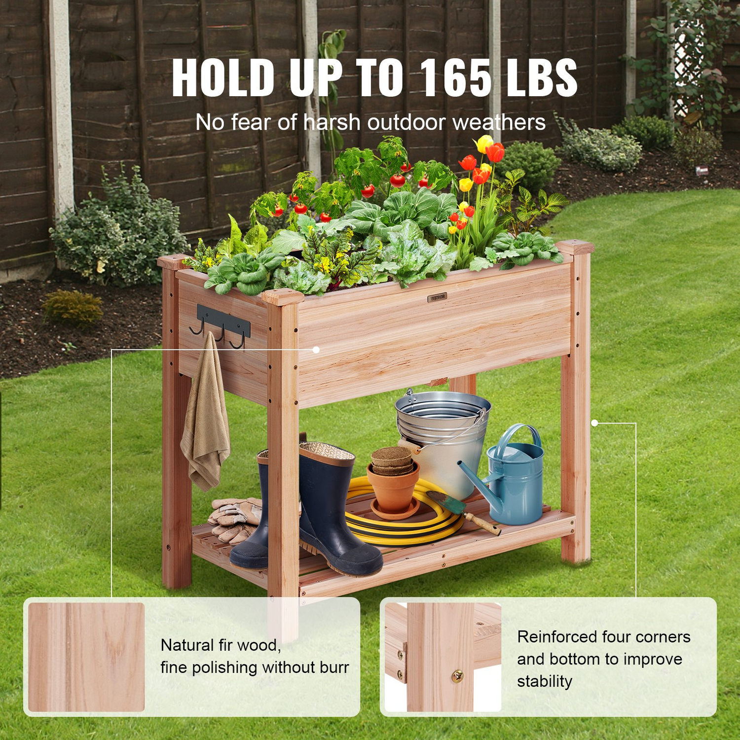 Start2Finish VEVOR raised garden bed, 34x18x30 inches wooden planter box with legs for outdoor flowers, vegetables, and herbs.