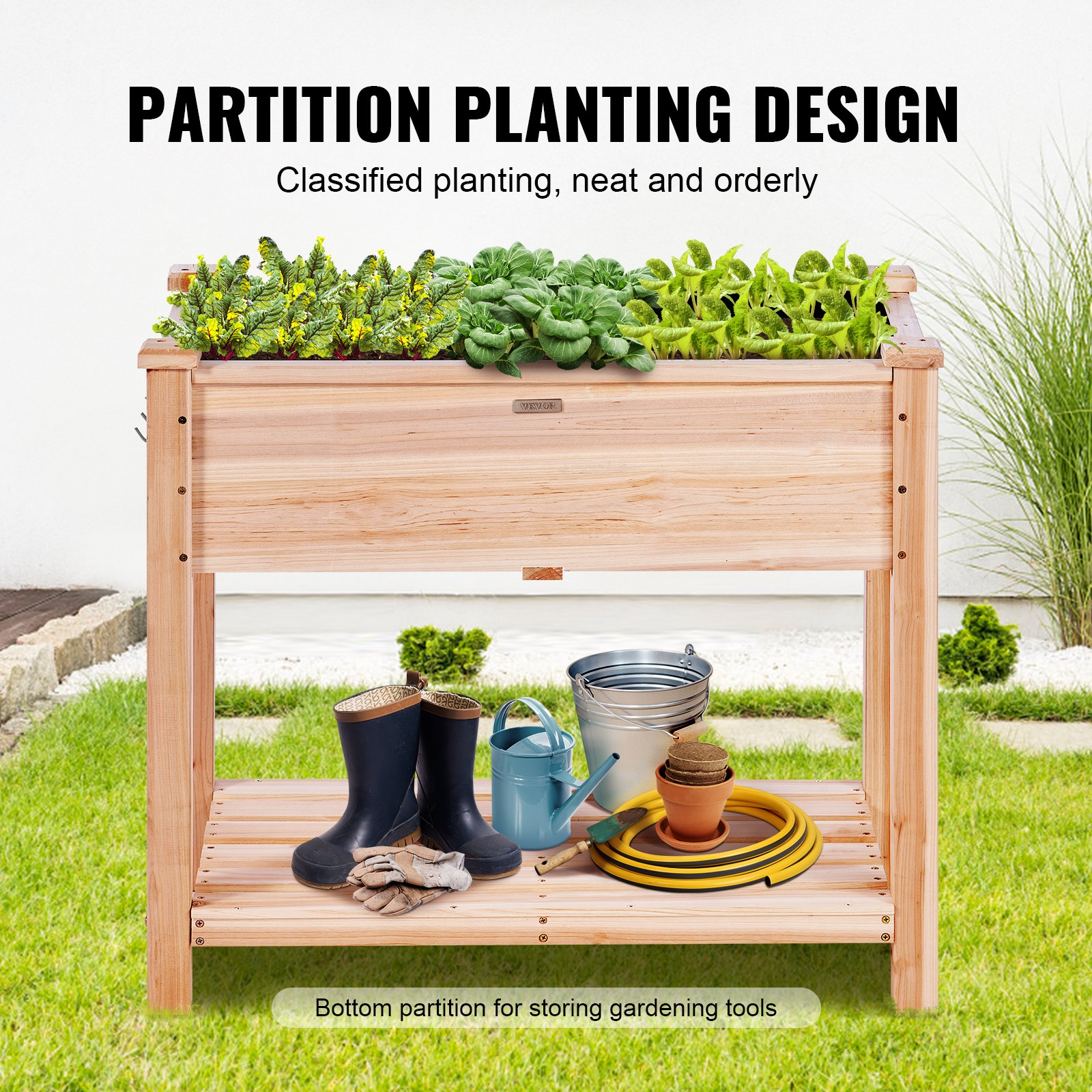 Start2Finish VEVOR raised wooden garden bed, 34x18x30 inches with legs, for outdoor planting of vegetables, herbs, or flowers.