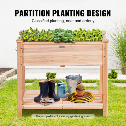 Start2Finish VEVOR raised wooden garden bed, 34x18x30 inches with legs, for outdoor planting of vegetables, herbs, or flowers.
