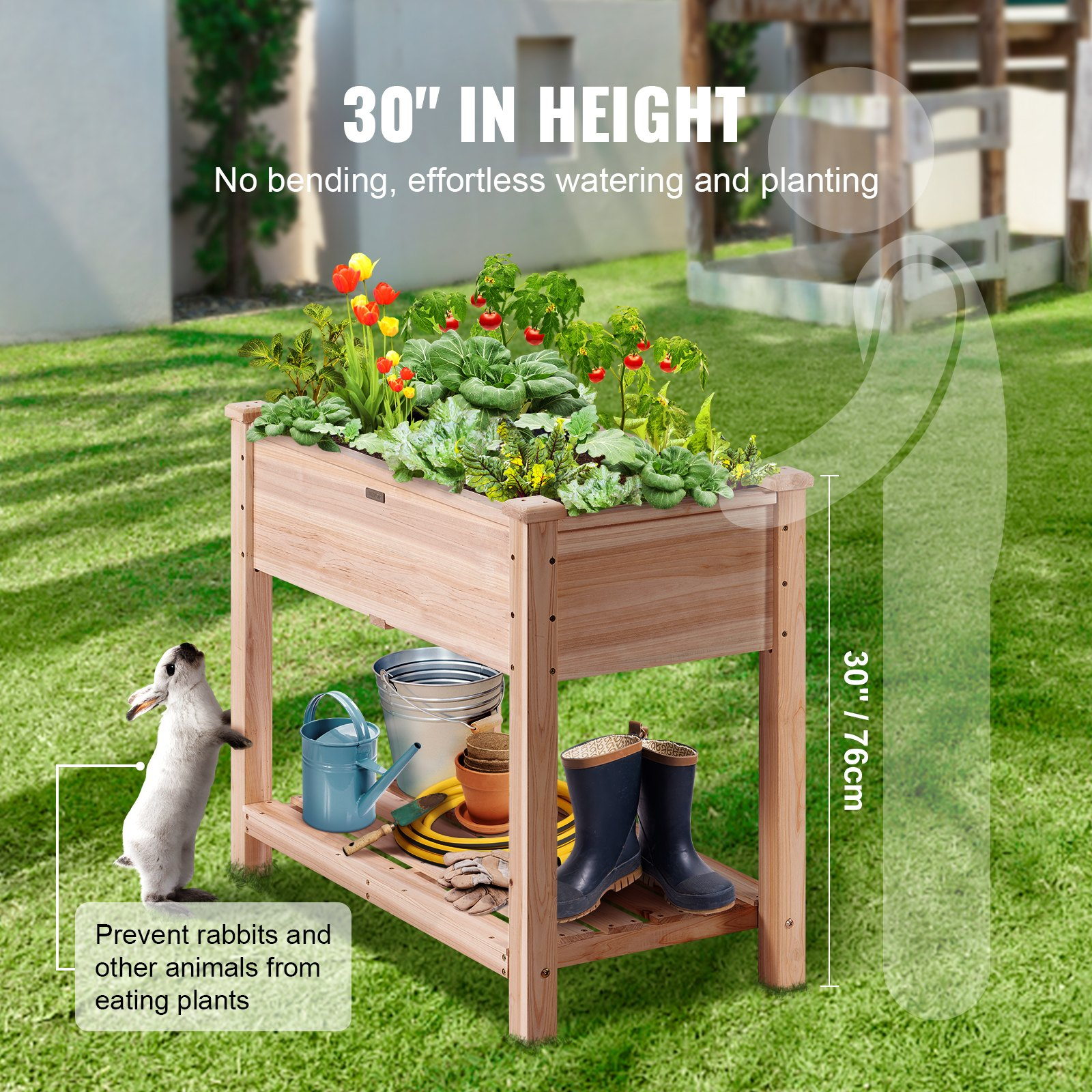 Start2Finish VEVOR raised garden bed 34x18x30 inches wooden planter box with legs for outdoor flowers, vegetables, and herbs.