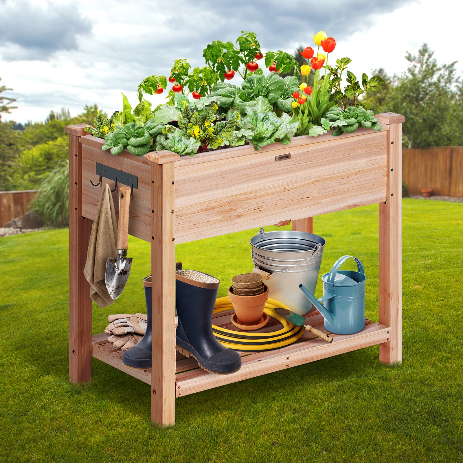 Start2Finish VEVOR raised garden bed in burlywood with wooden planter box, elevated outdoor planting for flowers, vegetables, herbs.
