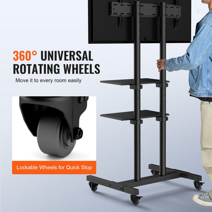 Start2Finish VEVOR mobile TV stand with adjustable height, wheels, double tray for AV devices, suitable for 32-70 inch TVs in living rooms.