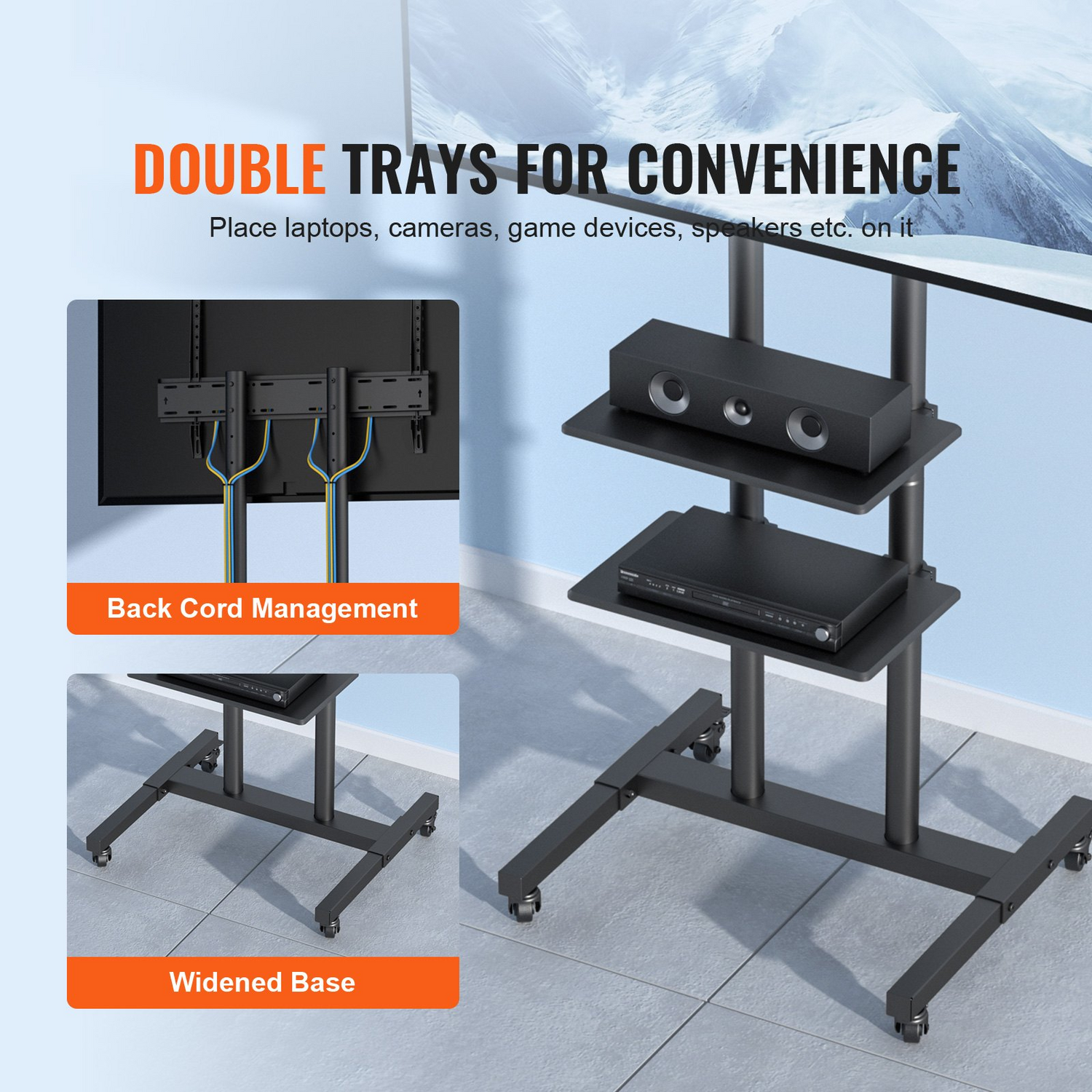 Start2Finish VEVOR mobile TV stand for 32-70 inch TVs with adjustable height, wheels, double tray, and TV mount for living room or bedroom