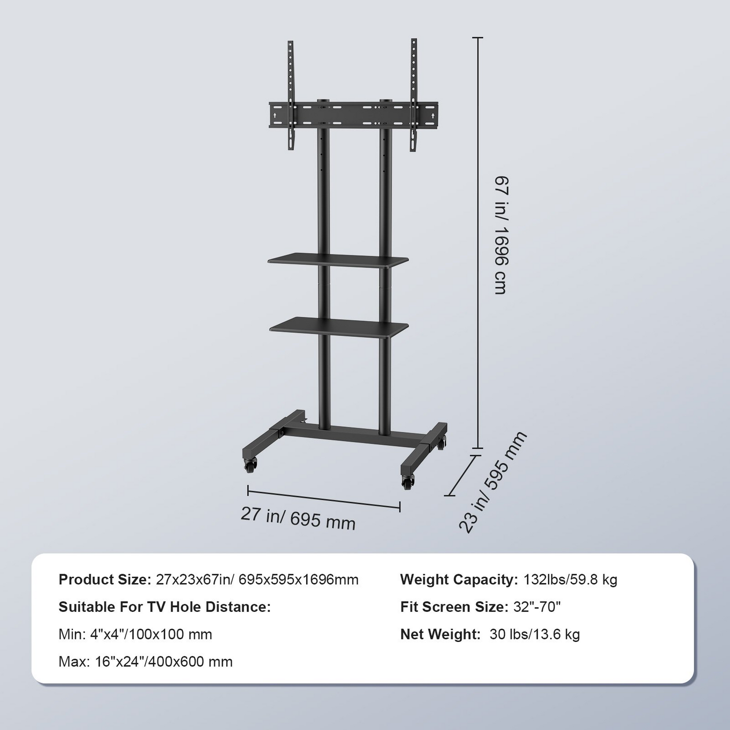 Start2Finish VEVOR mobile TV stand with adjustable height, wheels, double tray for AV devices, fits 32-70 inch TVs in living rooms