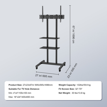 Start2Finish VEVOR mobile TV stand with adjustable height, wheels, double tray for AV devices, fits 32-70 inch TVs in living rooms