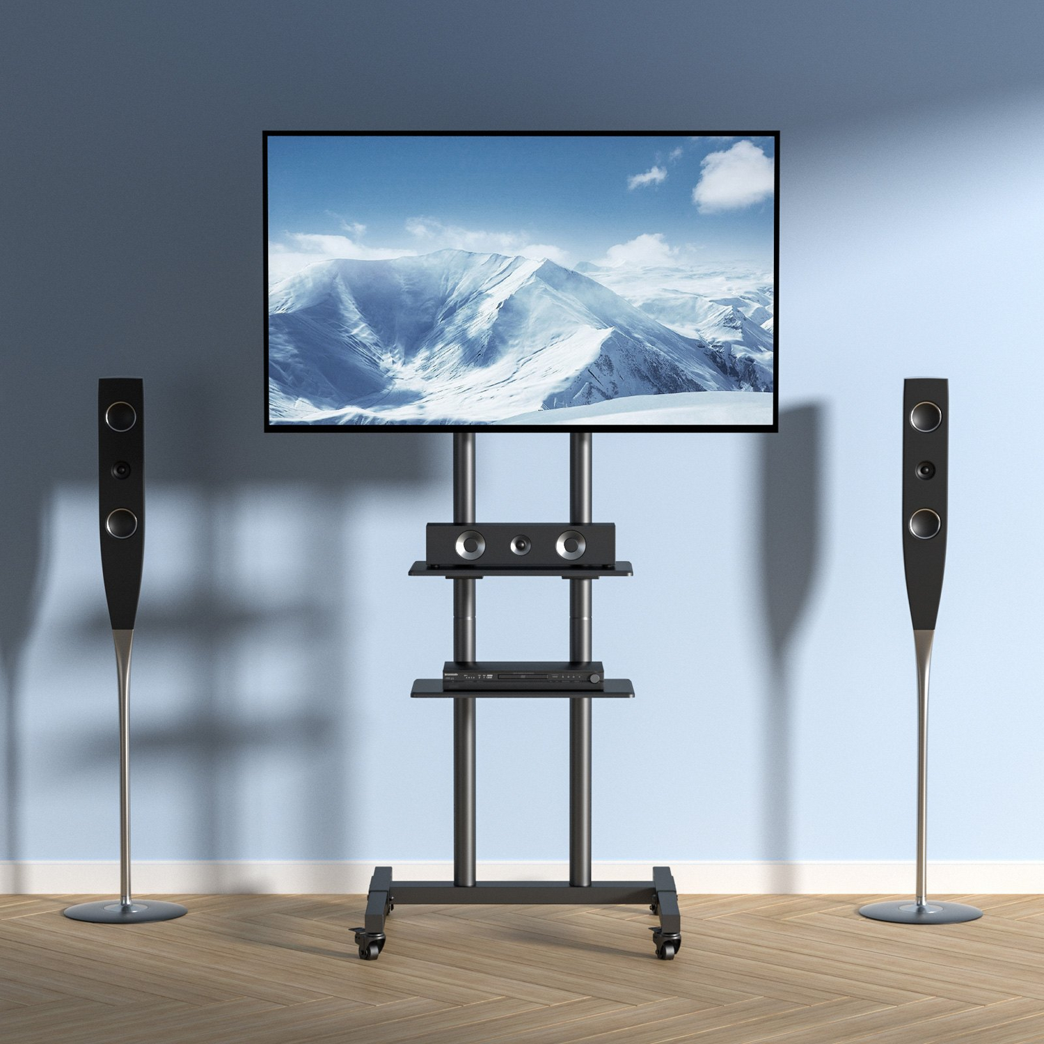 Start2Finish VEVOR mobile TV stand with adjustable height, wheels, double tray for AV devices, suitable for 32 to 70 inch TVs.