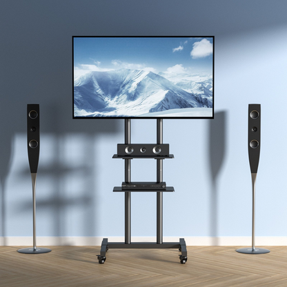 Start2Finish VEVOR mobile TV stand with adjustable height, wheels, double tray for AV devices, suitable for 32 to 70 inch TVs.