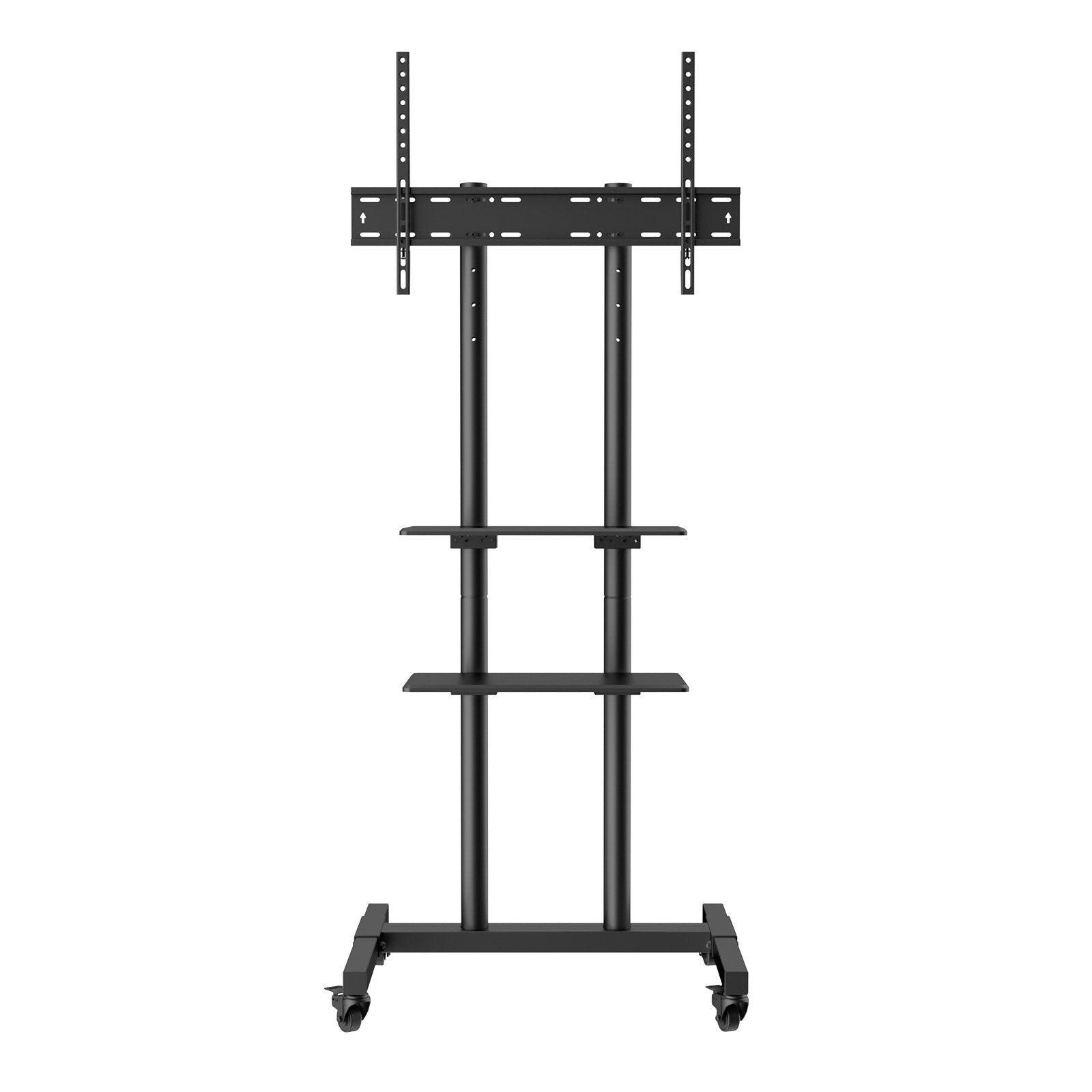 Start2Finish VEVOR mobile TV stand for 32-70 inch TVs, with adjustable height, wheels, double tray, and TV mount for living room or bedroom.