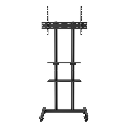Start2Finish VEVOR mobile TV stand for 32-70 inch TVs, with adjustable height, wheels, double tray, and TV mount for living room or bedroom.