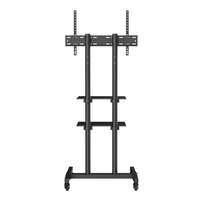 Start2Finish VEVOR mobile TV stand with adjustable height, wheels, double tray for AV devices, fits 32 to 70 inch TVs.