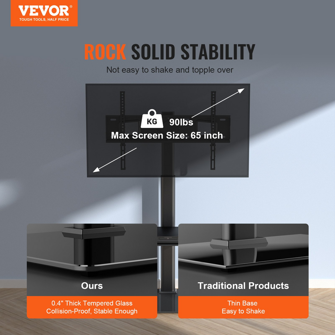 Start2Finish VEVOR TV stand mount for 32-65 inch TVs, adjustable height, swivel, with tempered glass base for living room or bedroom