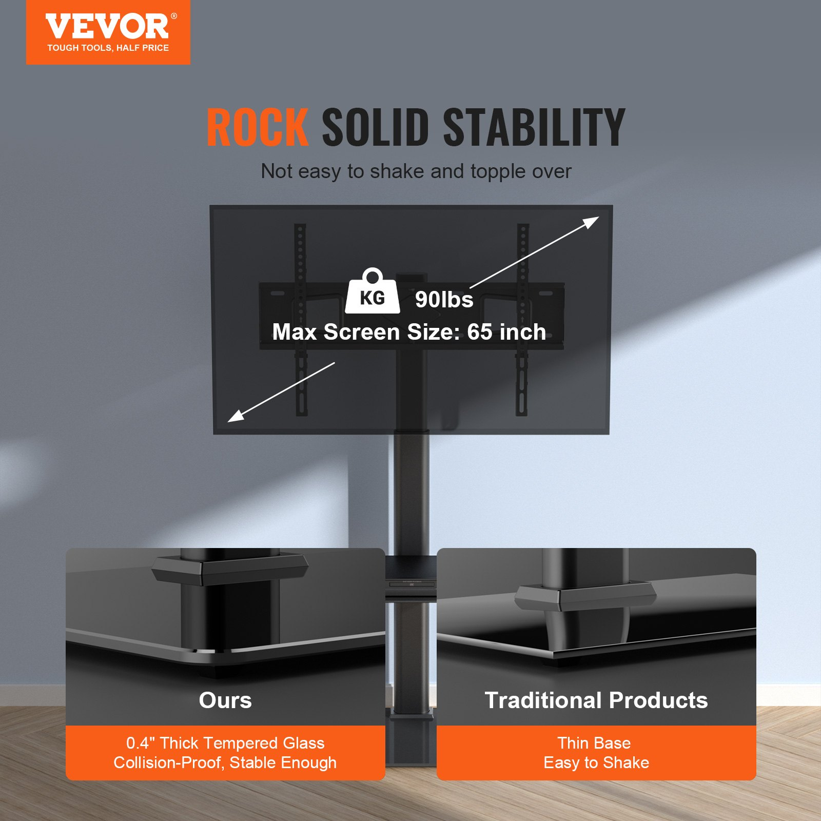 Start2Finish VEVOR TV stand mount for 32-65 inch TVs, adjustable height, swivel, with tempered glass base for living room or bedroom