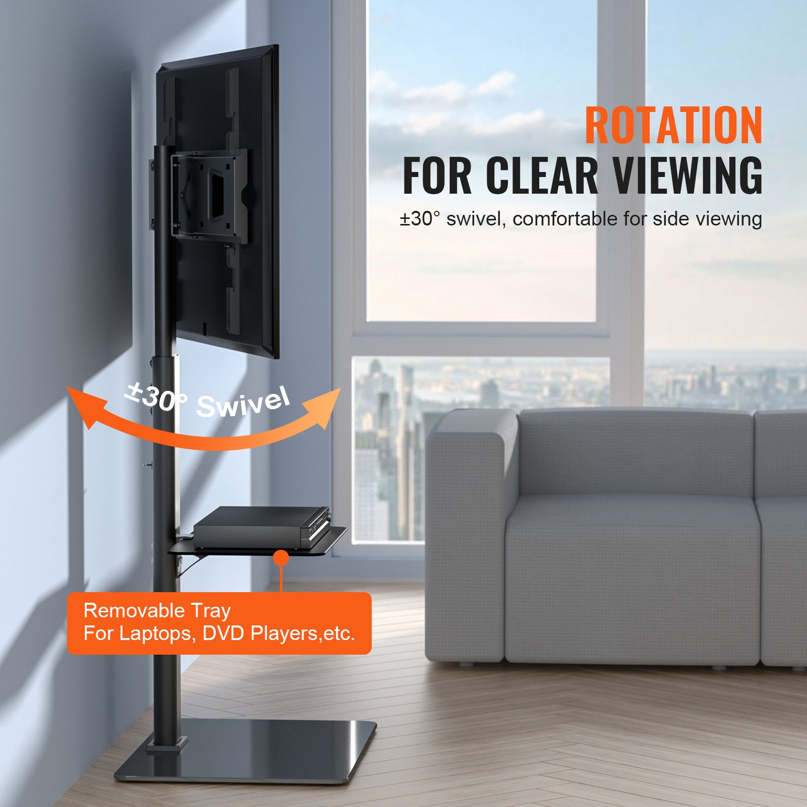 Start2Finish VEVOR TV stand mount for 32-65 inch TVs with swivel, adjustable height, and tempered glass base in living room or bedroom