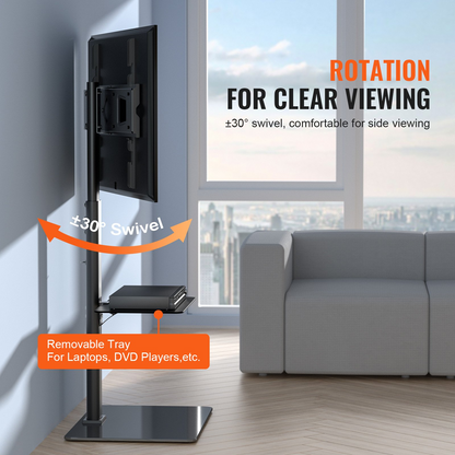 Start2Finish VEVOR TV stand mount for 32-65 inch TVs with swivel, adjustable height, and tempered glass base in living room or bedroom