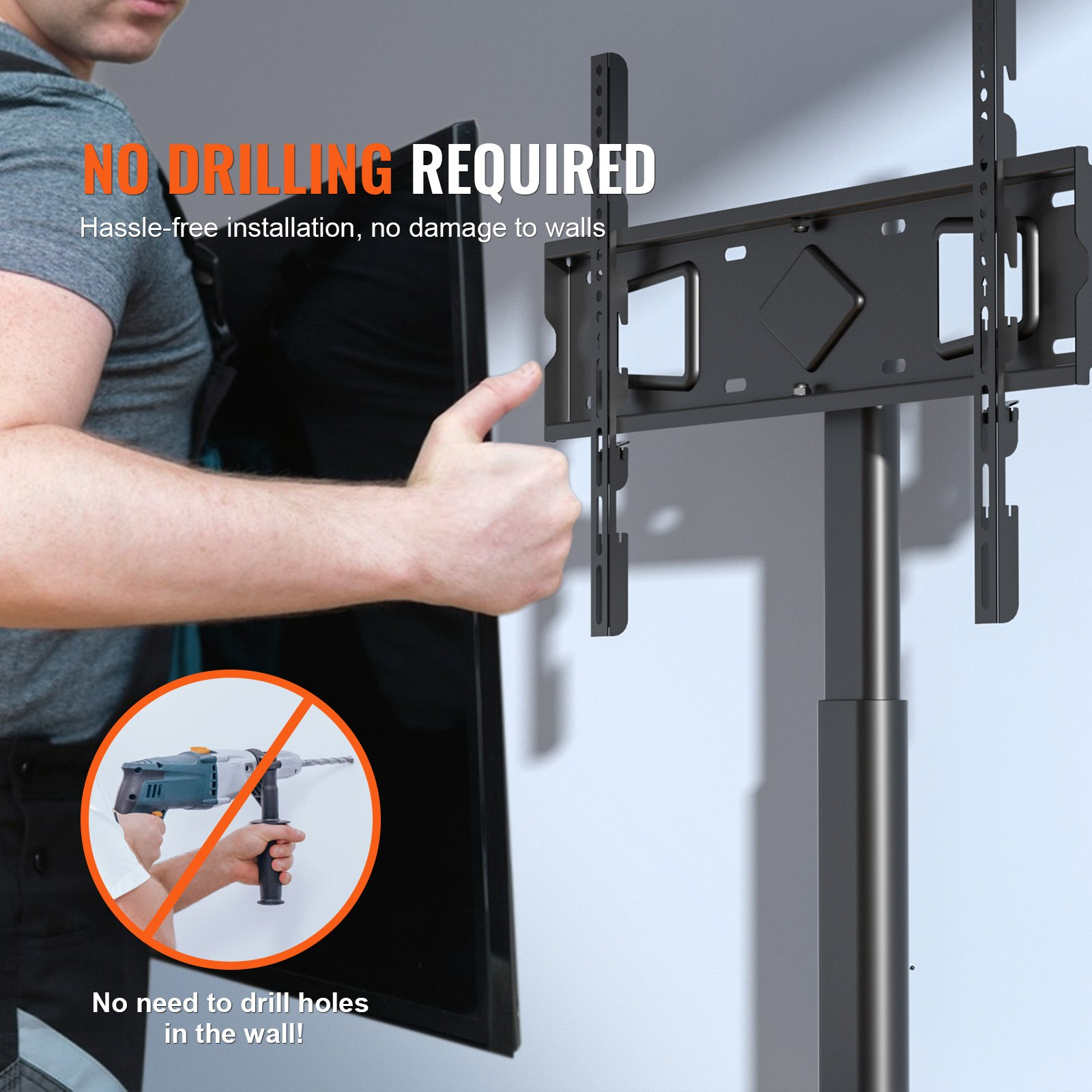 Start2Finish VEVOR TV stand mount for 32-65 inch TVs with adjustable height, swivel design, and tempered glass base for living rooms.