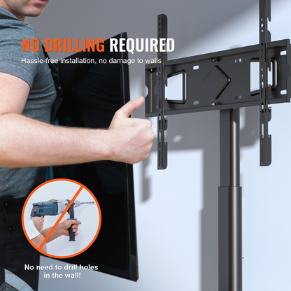Start2Finish VEVOR TV stand mount for 32-65 inch TVs with adjustable height, swivel design, and tempered glass base for living rooms.
