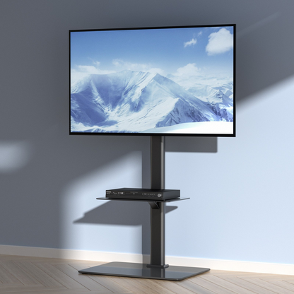 Start2Finish VEVOR TV stand mount for 32-65 inch TVs, tall swivel floor stand with adjustable height and tempered glass base.